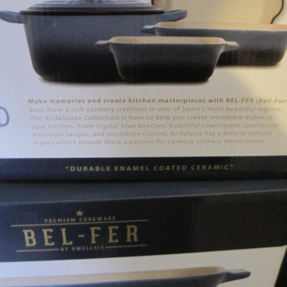 One (1} Bel Fer Enameled Ceramic 8 3/4" W x 14" long Rectangular Casseroles - Picture 2 of 4